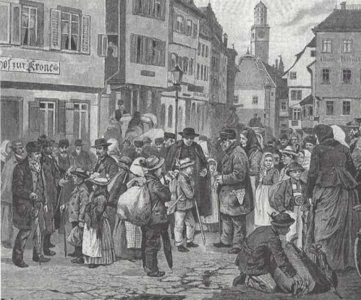 Jährlich kamen Hunderte von armen Kindern auf den Kindermarkt von Ravensburg, um dort von einem Bauern als Hütekind engagiert zu werden. (Zeitgenössischer Stich aus Gartenlaube).