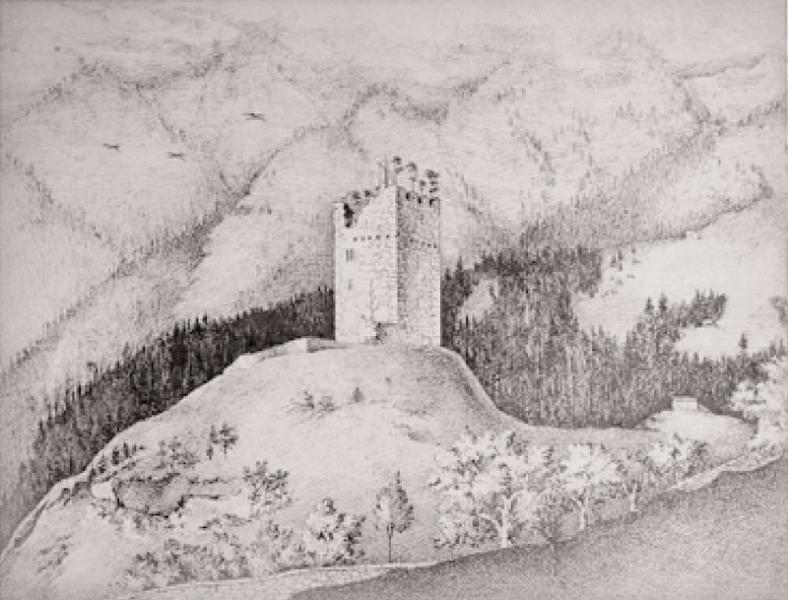 Ruine Rosenegg, gezeichnet von Casimir Walch 1874, Quelle: Wikipedia