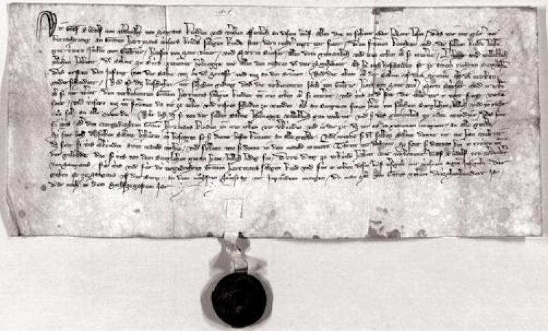Urkunde vom 25. April 1360, mit der Graf Rudolf