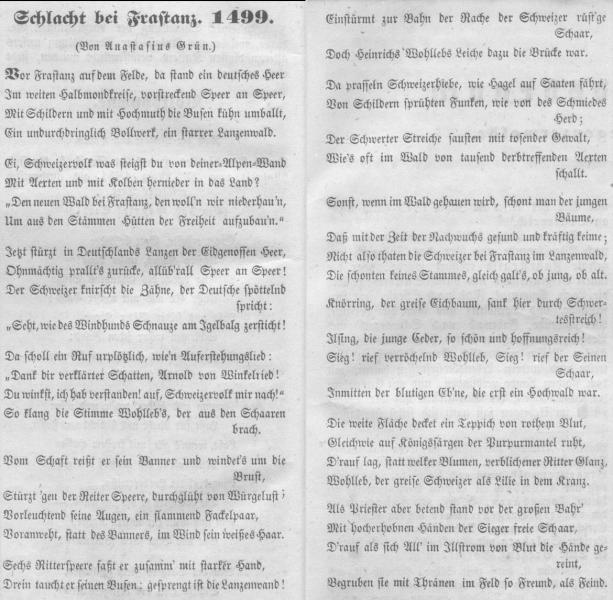 "Schlacht bei Frastanz 1499" von Anastasius Grün in Vorarlberger Volkskalender 1855 (http://www.digishelf.de/piresolver?id=bsz407618872) 