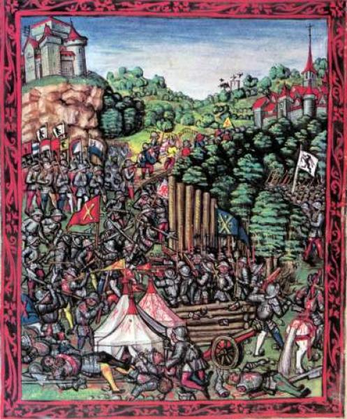 Die Schlacht bei Frastanz. Luzerner Schilling, 1513 - Die Schlacht bei Frastanz während des Schwabenkrieges, am 20. April 1499. Die Darstellung zeigt im Hintergrund die Stadt Feldkirch mit der Schattenburg, im Vordergrund das Lager des Schwäbischen Bundes, das mit der hölzernen Letzi geschützt ist und so das Illtal sperrt. In der Mitte links ziehen die Eidgenossen heran, rechts die Bündner unter der Fahne des Gotteshausbundes. Im Vordergrund links ist der gefallene Urner Hauptmann Heini Wolleb an der roten 