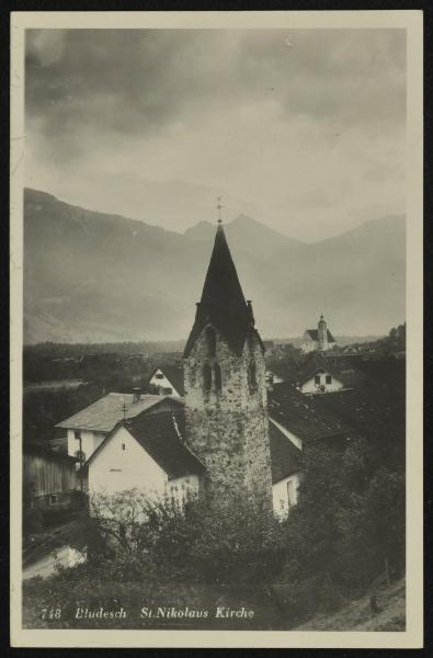 Bludesch, Kirche, St. Nikolaus, Ansichtskarte schwarz-weiß, vor 1950 (https://pid.volare.vorarlberg.at/o:309190)